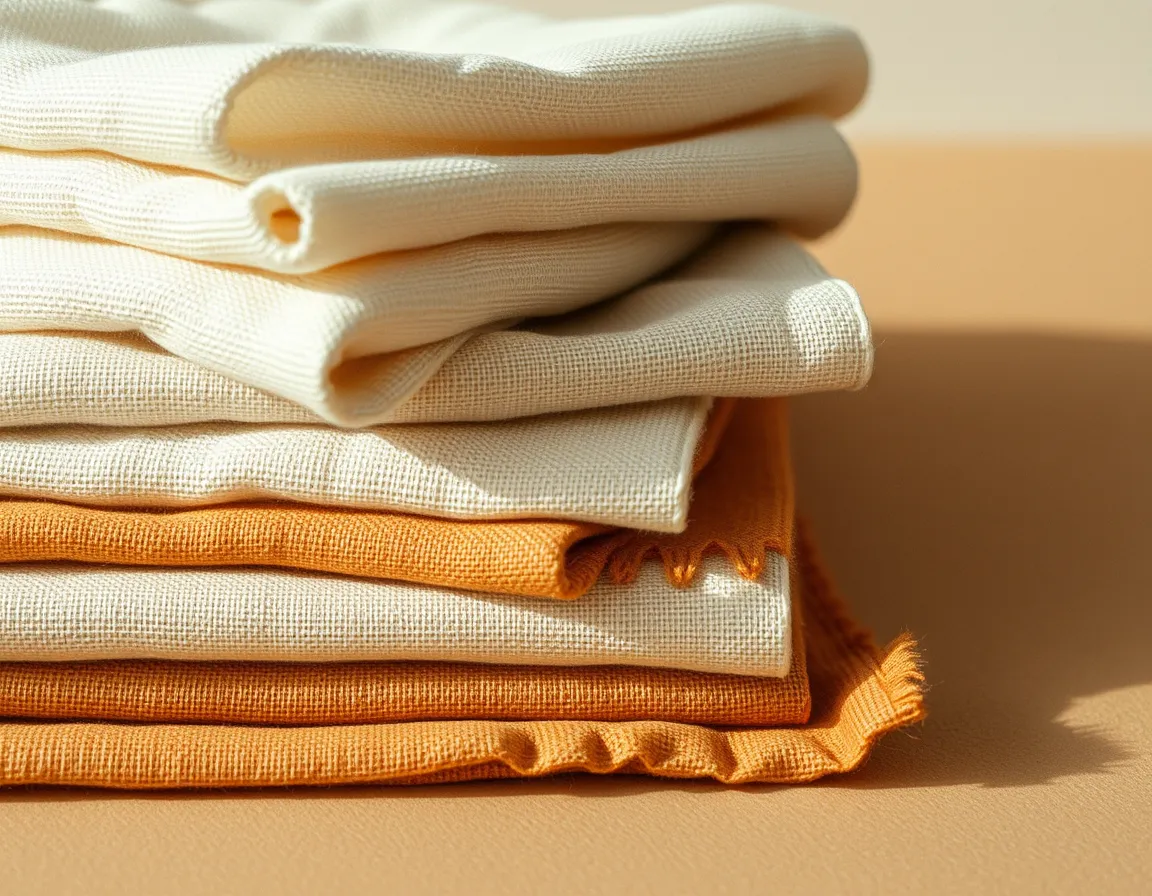 Stacked cream and terracotta cloth swatches on a warm plaster surface
