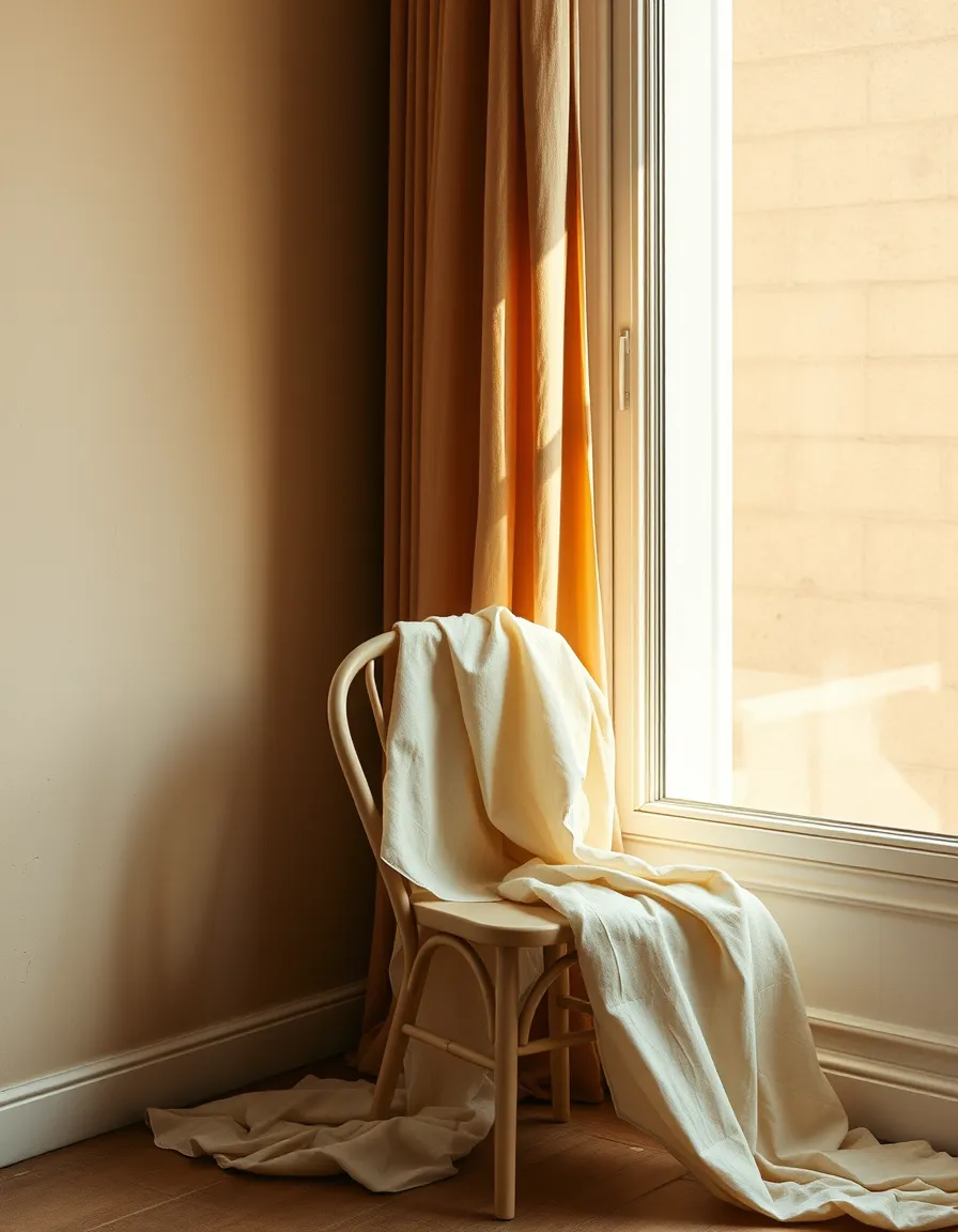Cream linen draped over a wooden chair in late afternoon light